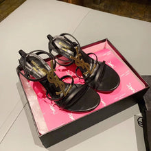 Load image into Gallery viewer, CASSANDRA FLAT SANDALS IN CROCODILE-EMBOSSED LEATHER WITH GOLD-TONE MONOGRAM
