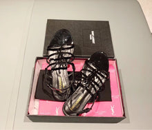 Load image into Gallery viewer, CASSANDRA FLAT SANDALS IN CROCODILE-EMBOSSED LEATHER WITH GOLD-TONE MONOGRAM
