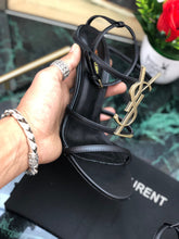 Load image into Gallery viewer, CASSANDRA FLAT SANDALS IN CROCODILE-EMBOSSED LEATHER WITH GOLD-TONE MONOGRAM
